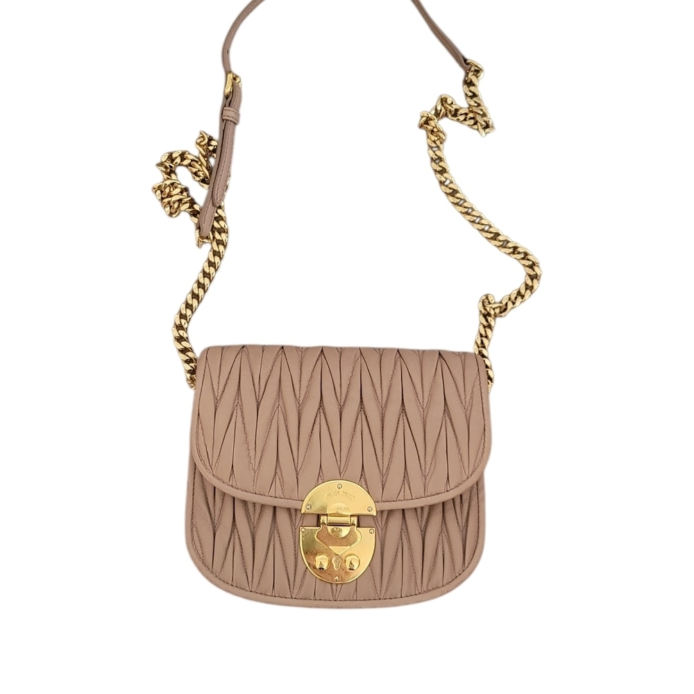 Miu Miu Beige Pink Quilted Crossbody Bag with Gold Chain